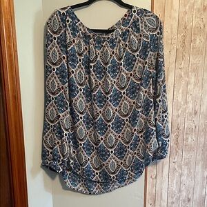 LOFT Navy and Cream Patterned Blouse